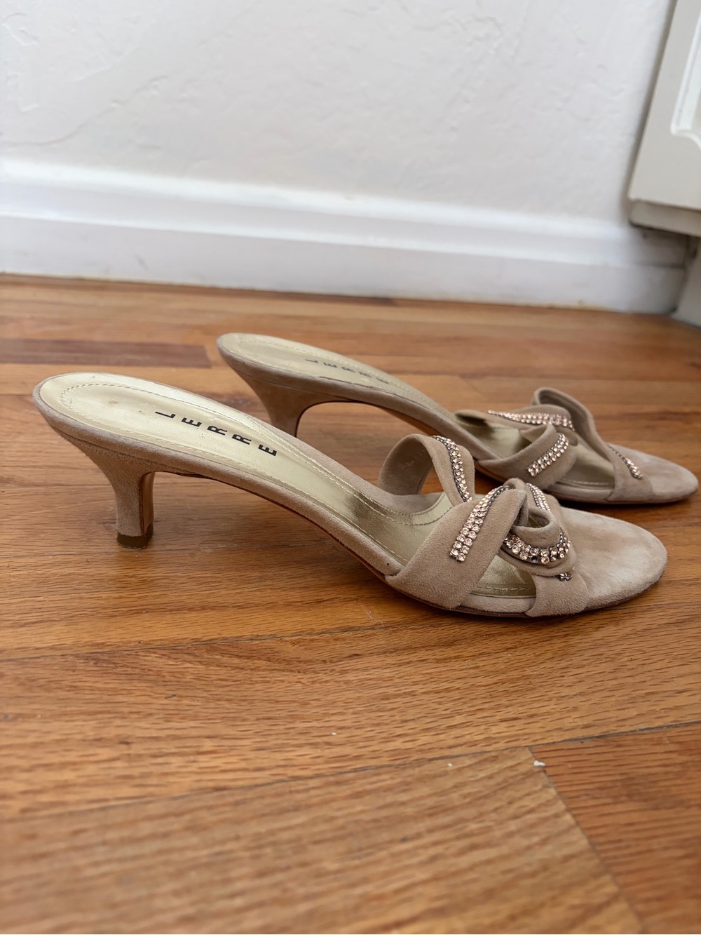 Beige Suede Kitten Heel Slide with Crystal Bow Accent